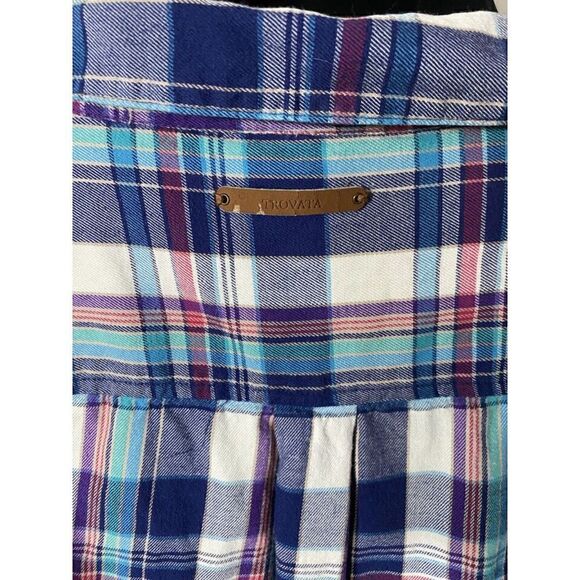 Birds of Paradis by Trovata Shirt Womens L Blue Plaid Roll Tab Sleeve Button Up - Picture 6 of 7